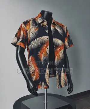 Men's Vintage Tropical Shirt - Black, Burnt Orange/Beige Feather Print