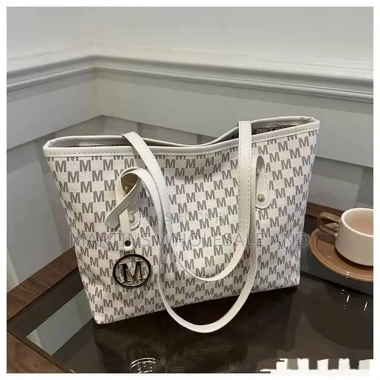 Black-and-Grey Monogram Tote Bag Featuring an "M" Letter Pattern