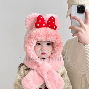 Baby Girls Fluffy Fur Hooded Hat With Scarf – Warm Winter Cap