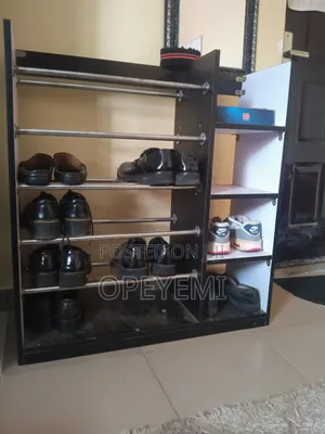 Wooden Shoe Rack With Metal Bars and Multiple Storage Shelves