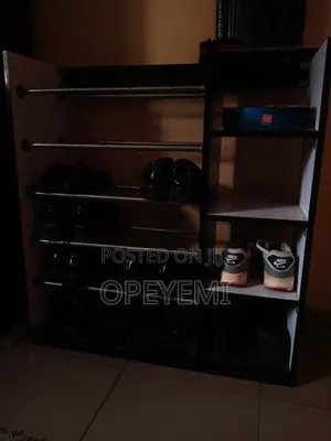 Wooden Shoe Rack With Metal Bars and Multiple Storage Shelves