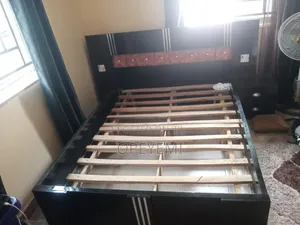Black & Brown Wooden Bed Frame With Padded Headboard and Side Socket