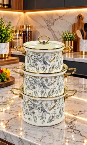 Non-Stick & Rust Free
 Samira 3 Set Pot - White Floral Gold