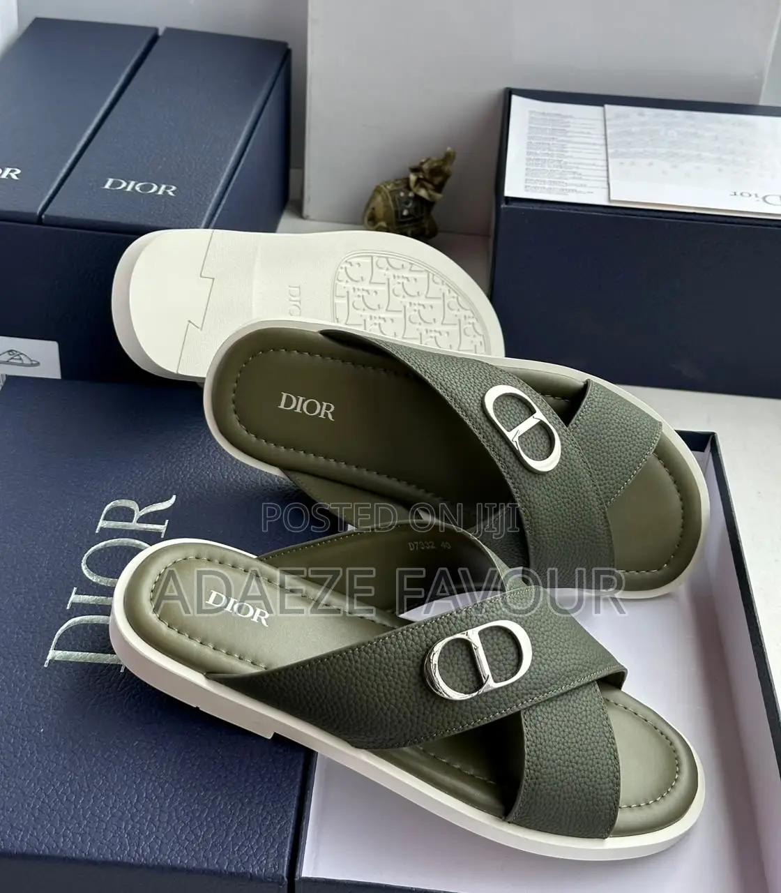 Men’s Olive Green Dior CD Logo Cross-Strap Slide Sandals