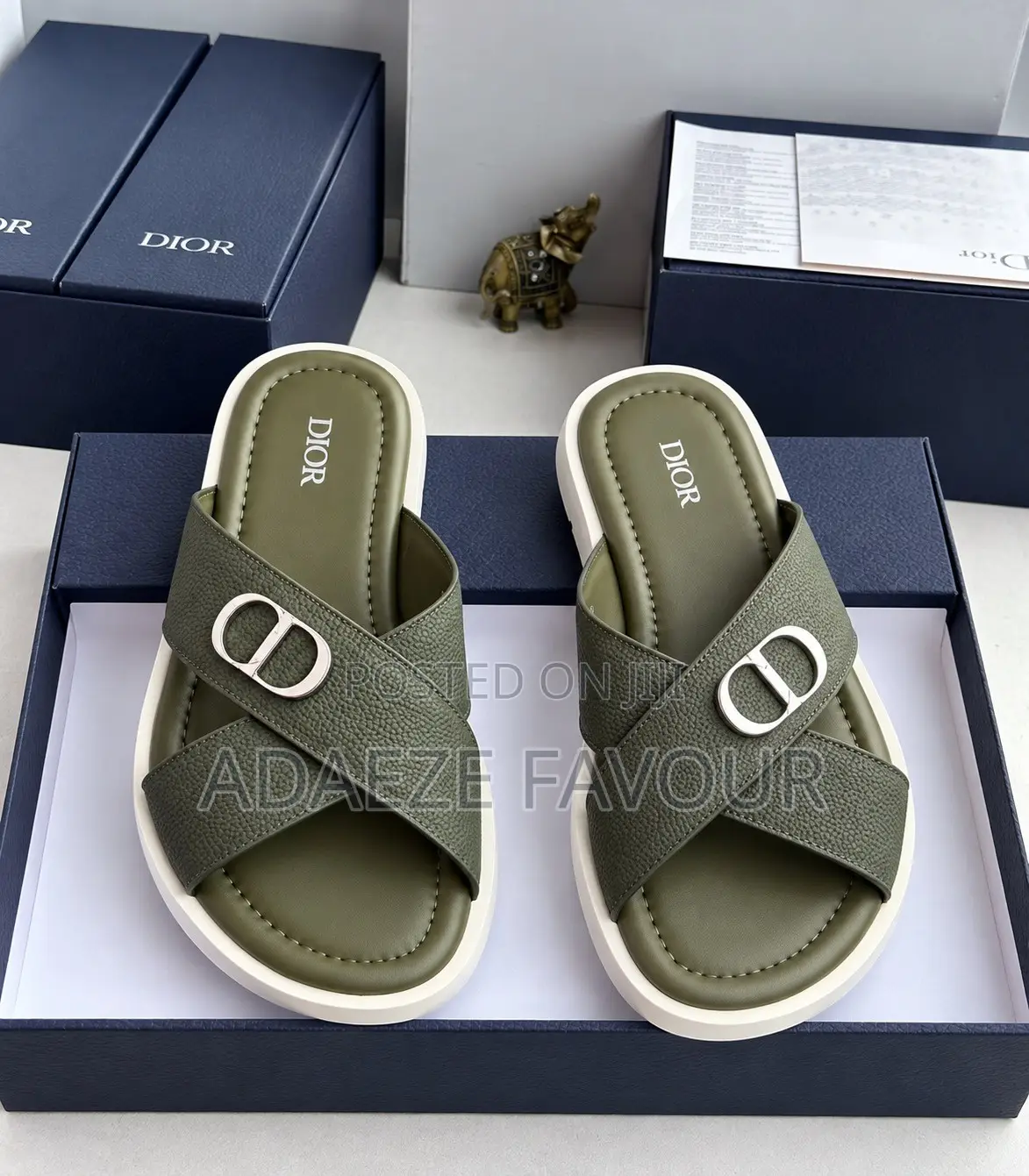 Men’s Olive Green Dior CD Logo Cross-Strap Slide Sandals