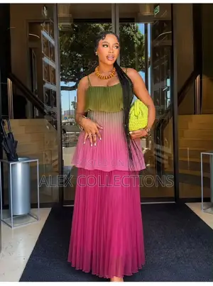 Ombre Pleated Maxi Gown - Green and Pink - Women Dress