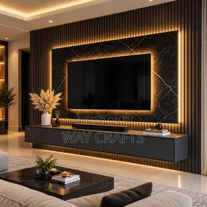 Modern Floating TV Console With LED Lights & Marble Feature Wall