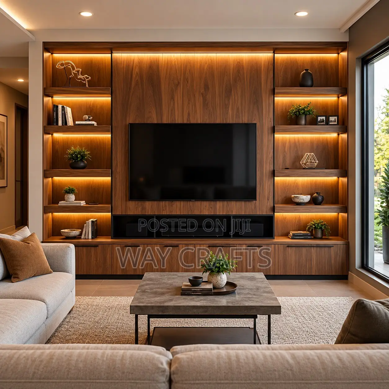 Modern Floating TV Console With LED Lights & Marble Feature Wall