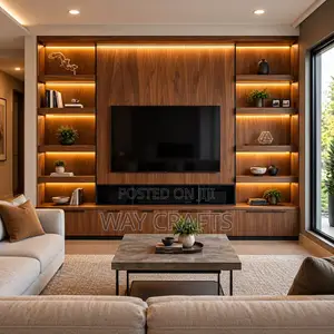 Modern Floating TV Console With LED Lights & Marble Feature Wall