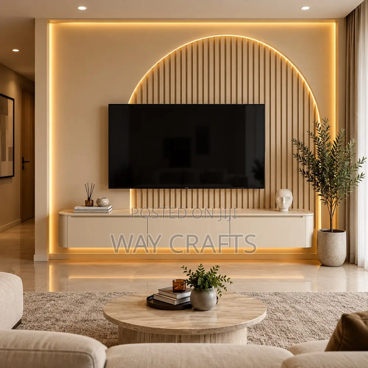 Luxury Modern Floating TV Console With LED Lights & Marble Feature Wal