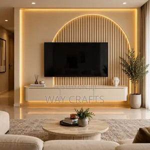 Luxury Modern Floating TV Console With LED Lights & Marble Feature Wal