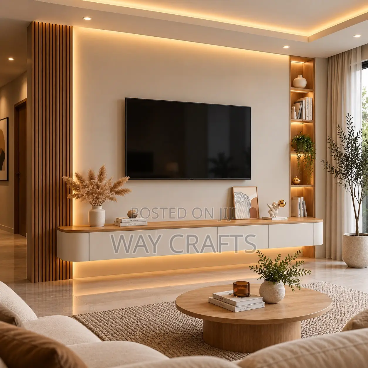 Luxury Modern Floating TV Console With LED Lights & Marble Feature Wal