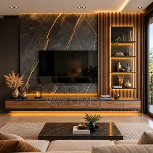 Luxury Modern Floating TV Console With LED Lights & Marble Feature Wal