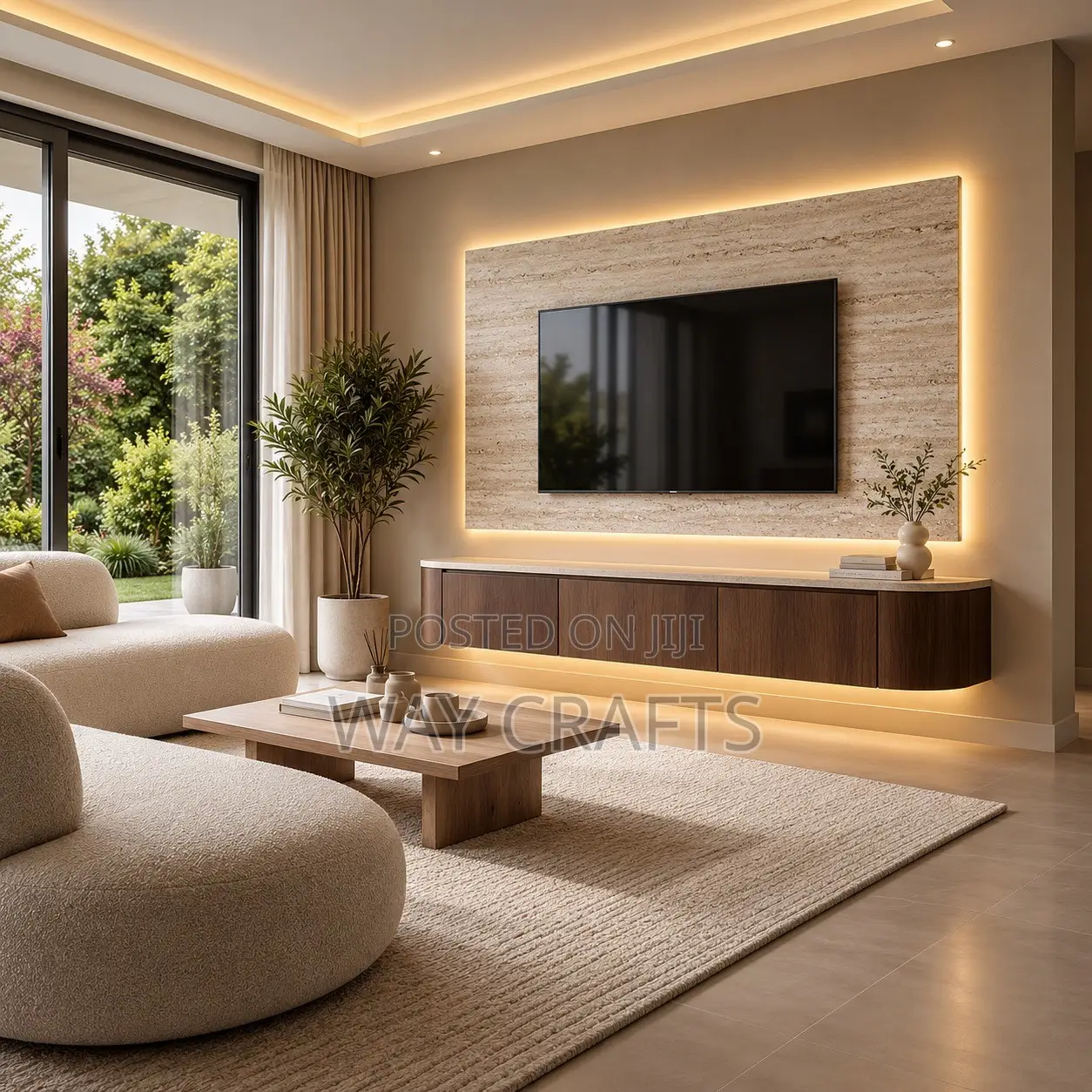 Luxury Modern Floating TV Console With LED Lights & Marble Feature Wal