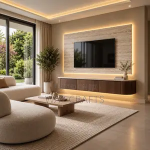 Luxury Modern Floating TV Console With LED Lights & Marble Feature Wal