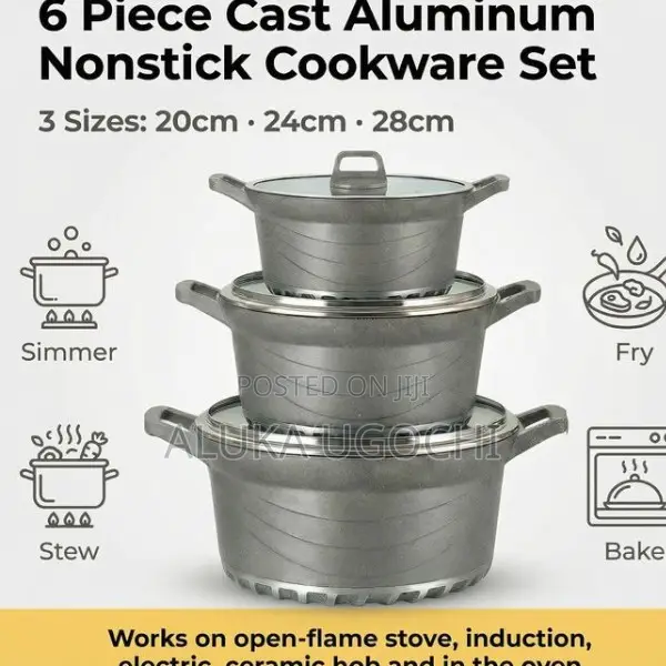BROCOOK 6 Piece Cast Non Stick Cookware Set With Lids 20 24 28 Cm