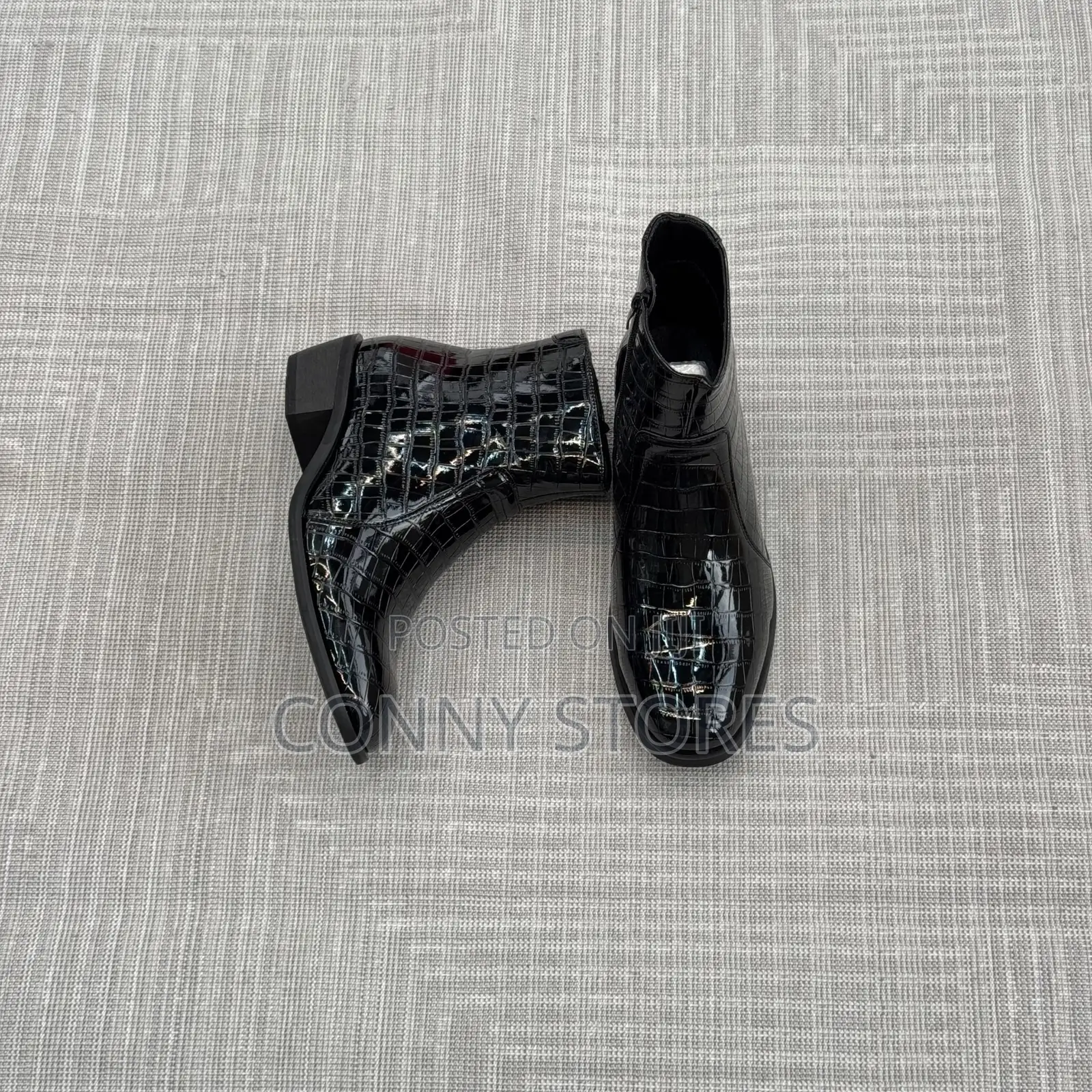 High Quality Black Heeled Croc-Embossed Side-Zip Boot “Black”