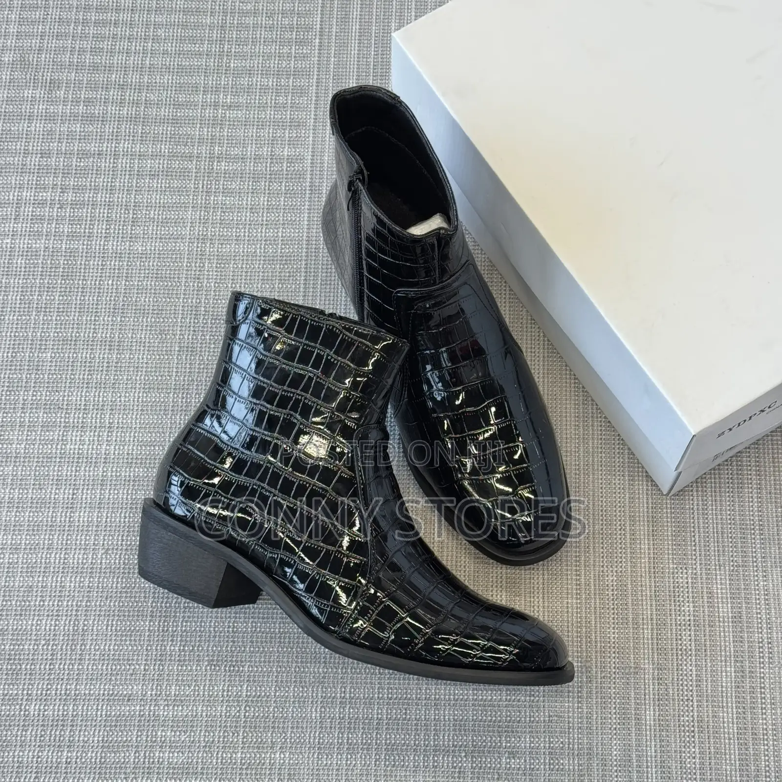 High Quality Black Heeled Croc-Embossed Side-Zip Boot “Black”