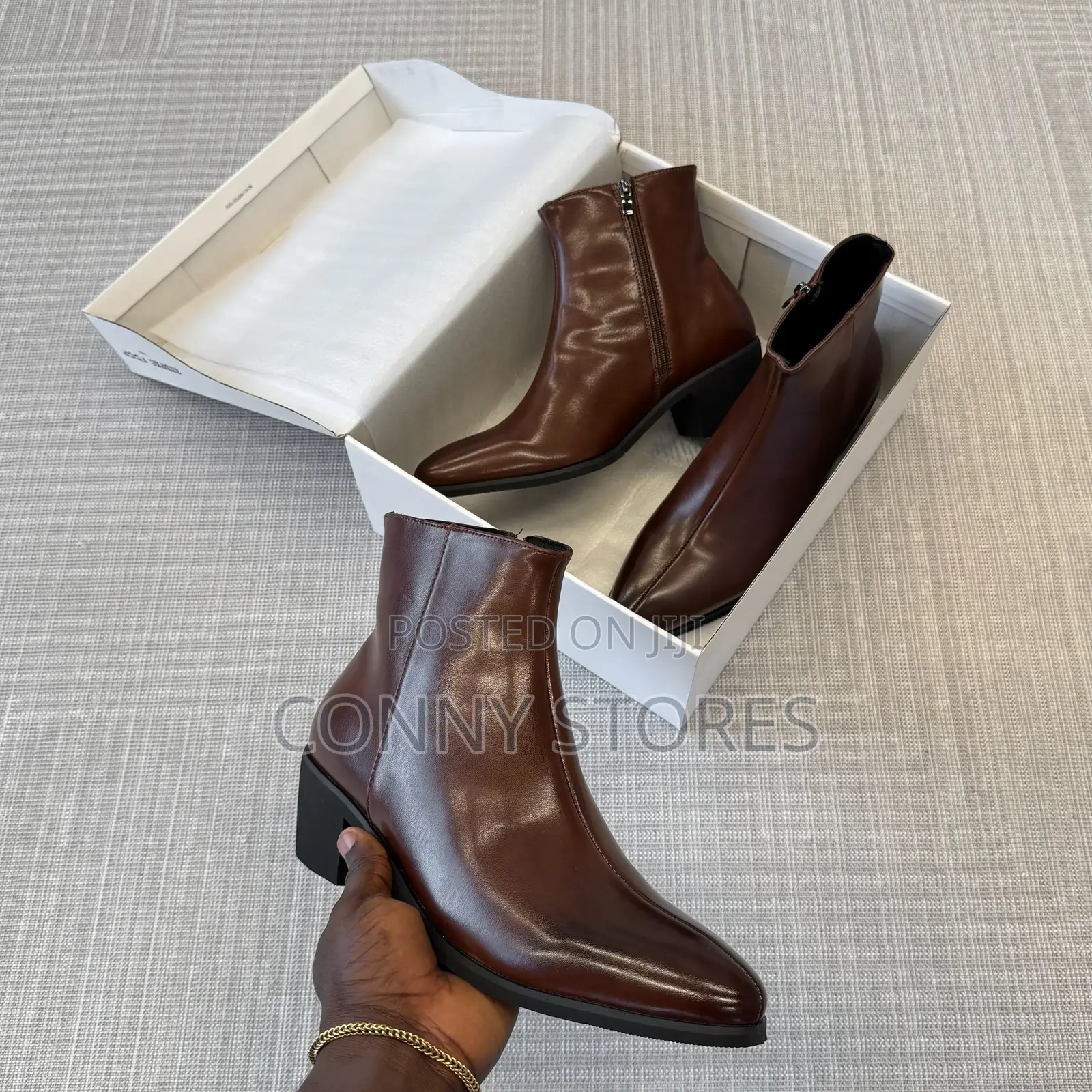 High Quality Heeled High-Block Pointed Split Leather Boot Brown