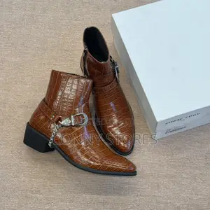 Croc-Embossed Chain and Buckle Harness Ankle Boot “Brown”
