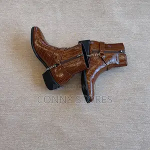 Croc-Embossed Chain and Buckle Harness Ankle Boot “Brown”