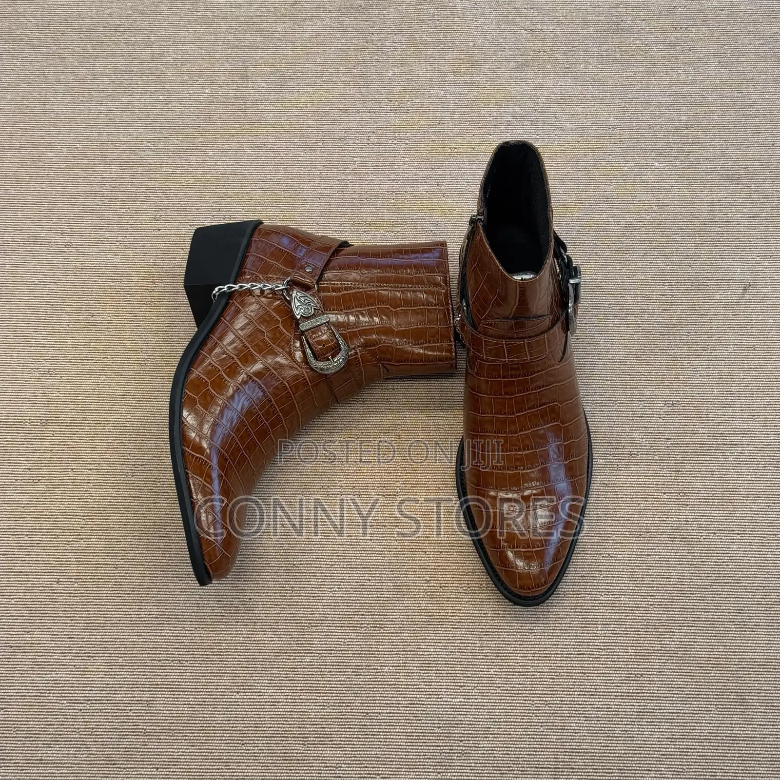 Croc-Embossed Chain and Buckle Harness Ankle Boot “Brown”