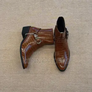 Croc-Embossed Chain and Buckle Harness Ankle Boot “Brown”
