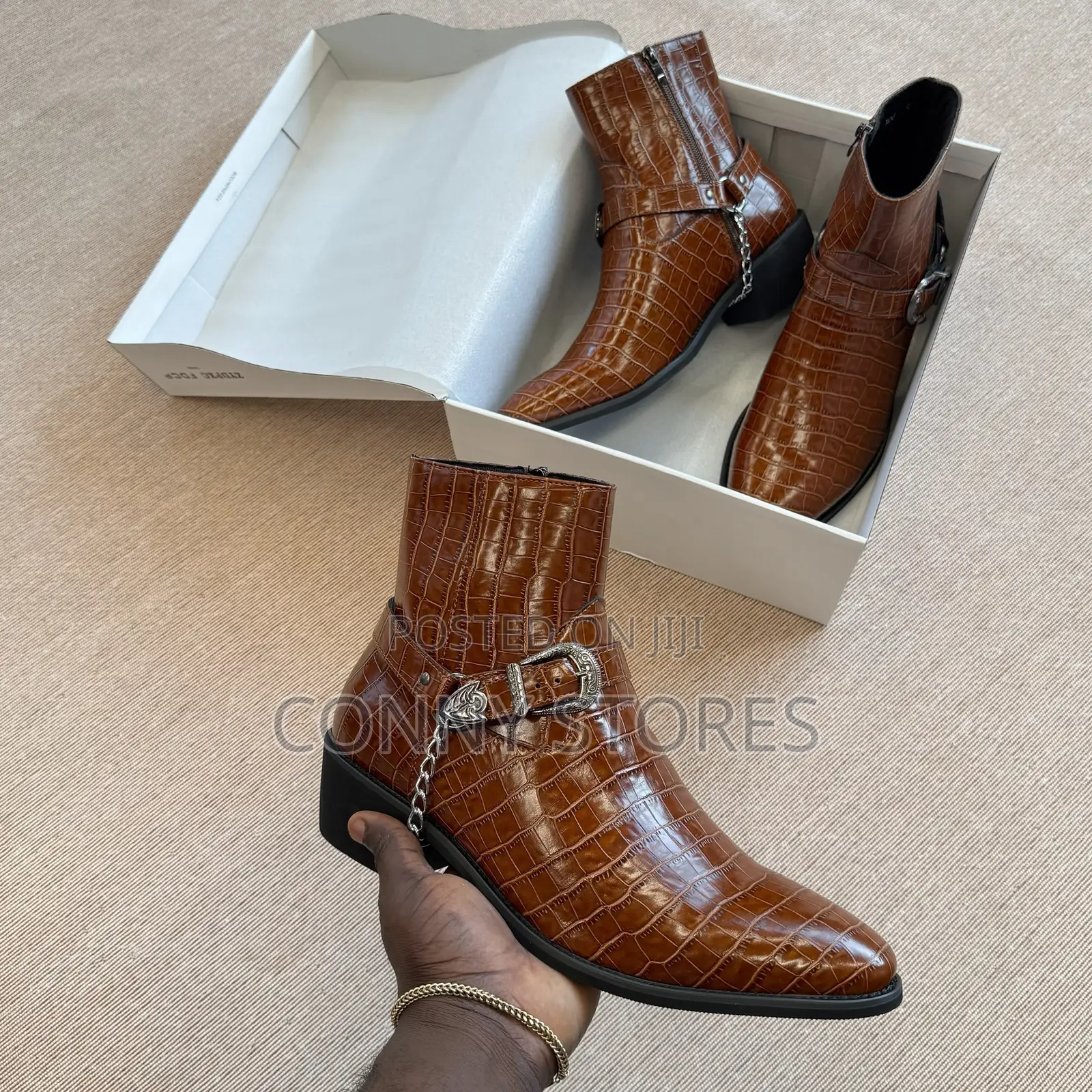 Croc-Embossed Chain and Buckle Harness Ankle Boot “Brown”