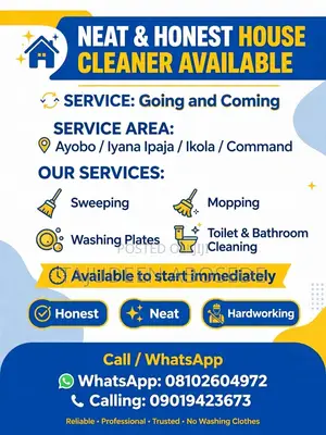 Neat House Cleaner Available in Ayobo Ipaja Ikola - Going and Coming