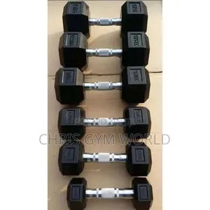 Set of Black Rubber-Coated Hexagon Dumbbell With Knurled Chrome Handle