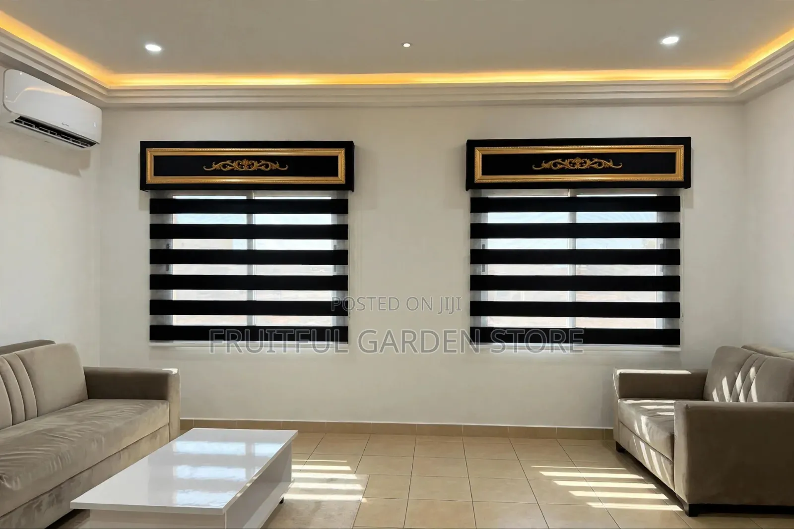 Luxury Plain Black Day & Night Blind With Gold Pelmet Board