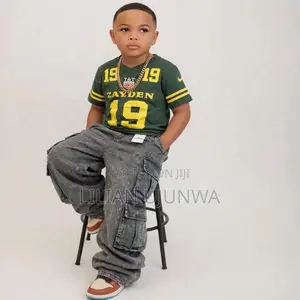 Boys ZAYDEN 19 Set Green Jersey + Grey Baggy Cargo Jeans Age 8Y