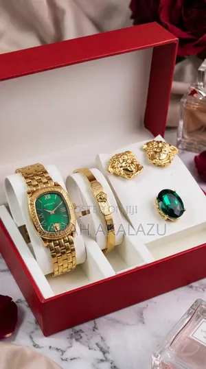 4 Piece Emerald and Gold Wristwatch Jewelry Gift Set