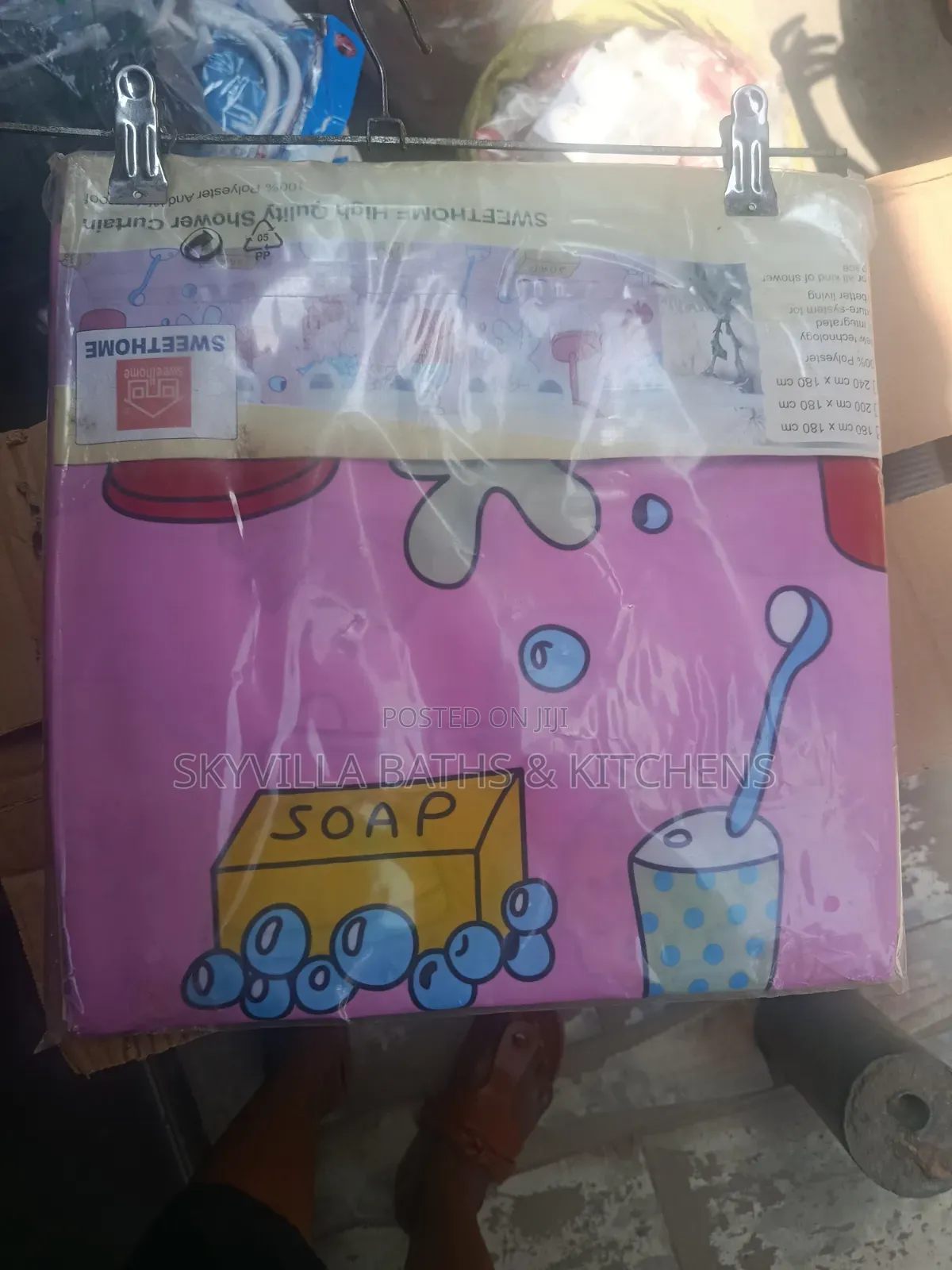 SweetHome Pink Shower Curtain With Soap & Toothbrush Design 100% Poly.