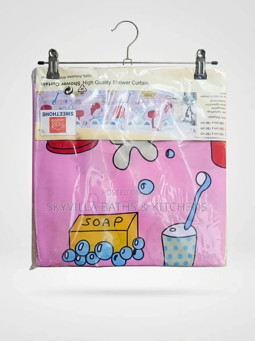 SweetHome Pink Shower Curtain With Soap & Toothbrush Design 100% Poly.