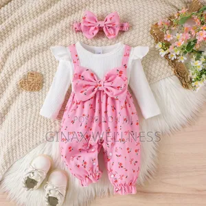 Baby Girls Romper Jumpsuit With Long Sleeves and Headband (1-9 Months)