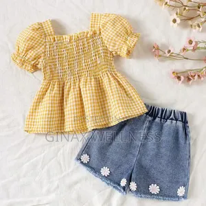 Baby Girls 2-Piece Checkered Top and Denim Shorts Set (6–12 Months)