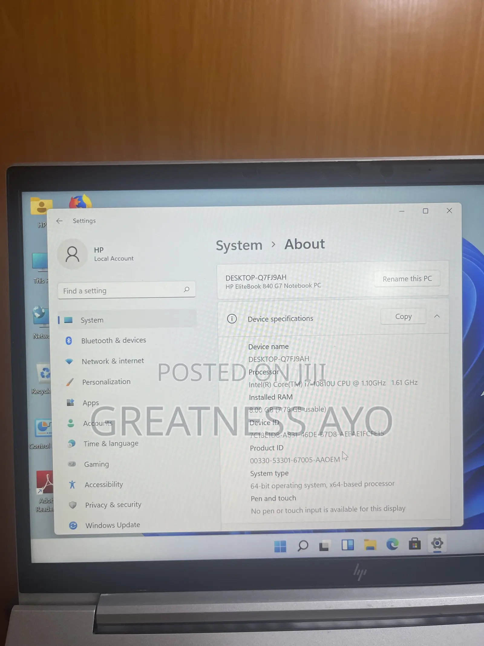 Laptop HP EliteBook 840 G7 8GB Intel Core i7 SSD 256GB