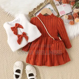 3-Piece Baby Girls Long Sleeve Dress With Fluffy Vest and Matching Bag