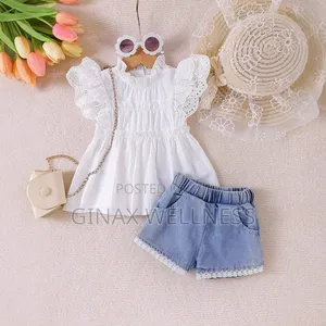 Baby Girls' 2-Piece White Ruffle Top and Blue Denim Shorts Set (6-12m)