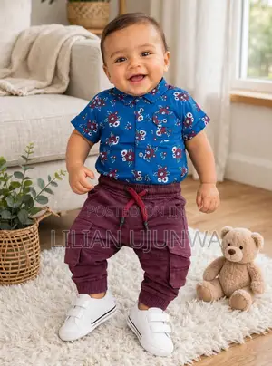 TITLE: Baby Boy Blue Floral Shirt+Wine Cargo Jogger 2pcs Set -6 Months