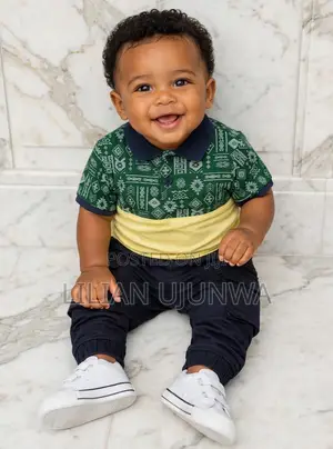 TITLE: Boys Green Pattern Polo + Navy Cargo Set - 2 Years