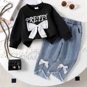 Baby Girls' 2-Piece Black Sweatshirt and Blue Jeans Set (9-12 Months)