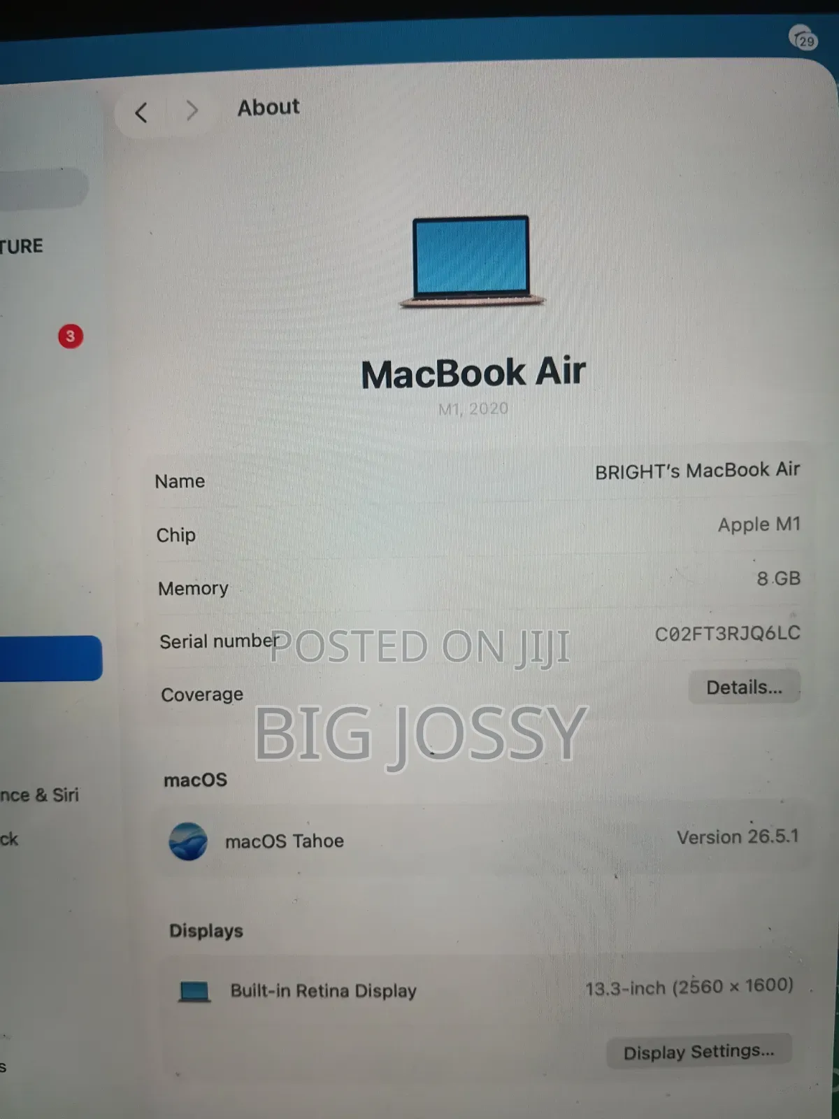 Laptop Apple MacBook Air 2020 M1 8GB Intel Core i3 SSD 256GB