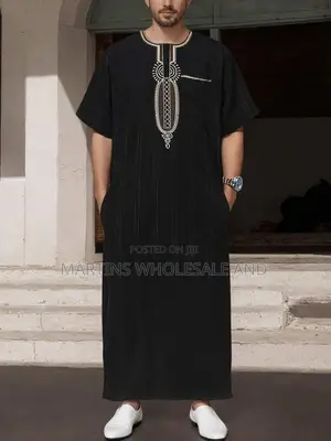 Men's Black Moroccan Jalabiya or Embroidered Thobe Featuring Gold-Tone