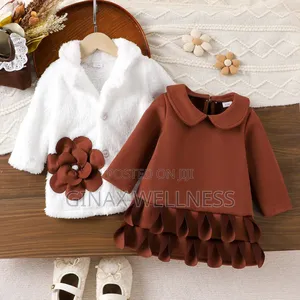 Baby Girls 2-Piece Brown Dress and White Fluffy Jacket Set (6-12m)