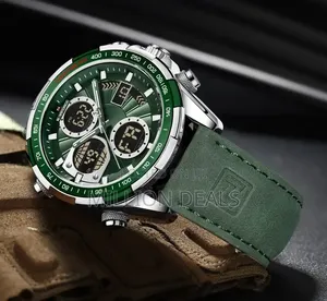 Leather Strap Green Silver Naviforce Men's Wrist Watch