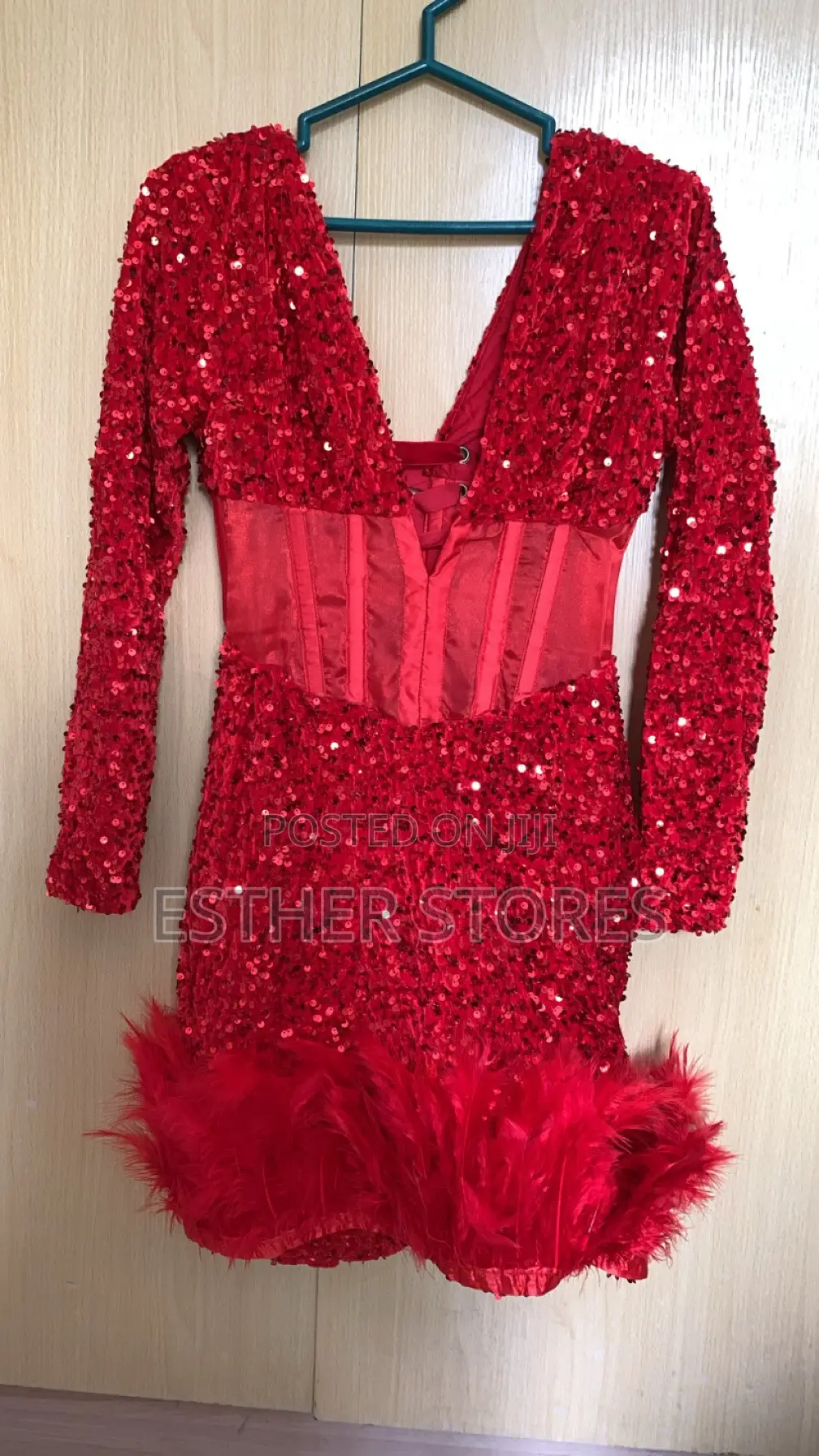 Red Sequin Corset Dinner Gown.