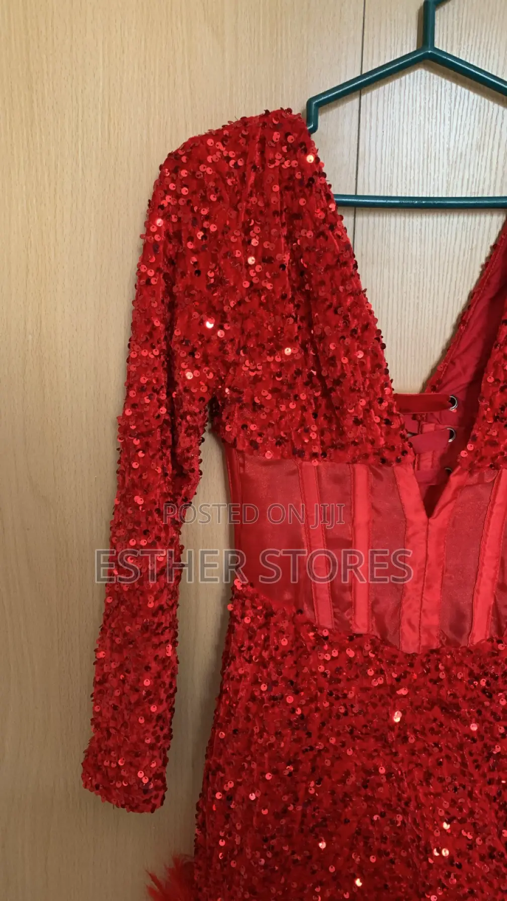 Red Sequin Corset Dinner Gown.