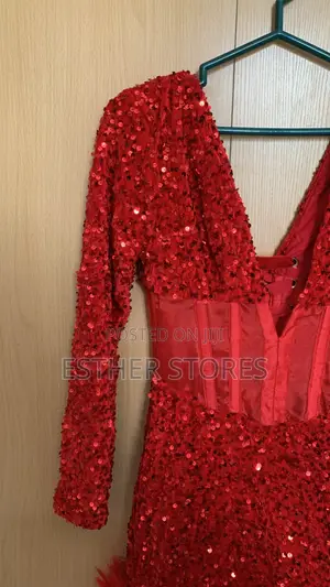 Red Sequin Corset Dinner Gown.